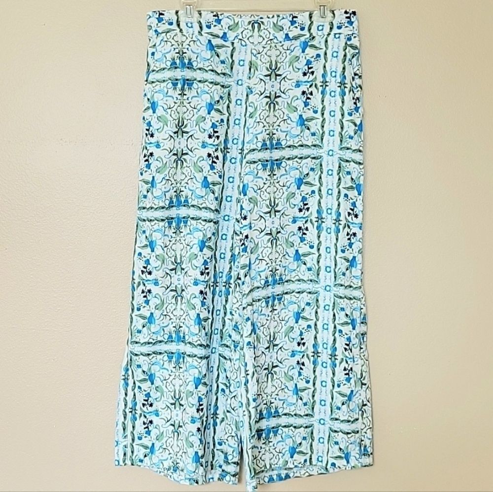 Joie Blue Green Floral Leaf Linen Wide Leg Pants - Size Large